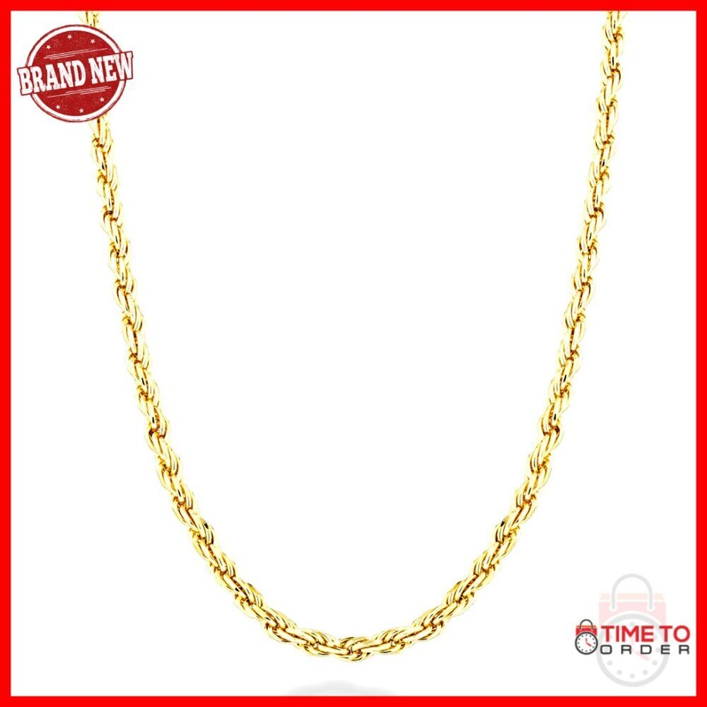 18K Gold Plated Sterling Silver Rope Chain Necklace 30 Inch 2mm